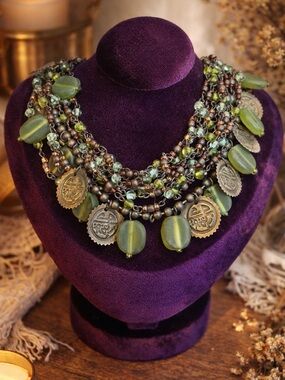 Boho Layered Beaded Statement Necklace Coin Charm Green Chico’s